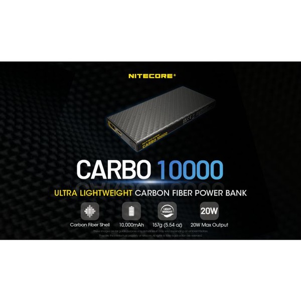 Nitecore CARBO 10000 Powerbank - Ultralicht en spatwaterdicht - met Power Delivery (PD) aansluiting Nitecore CARBO 10000 Powerbank - Ultralicht en spatwaterdicht - met Power Delivery (PD) aansluiting